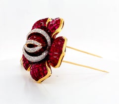 Certified Burmese Ruby Diamond Vintage Flower Brooch