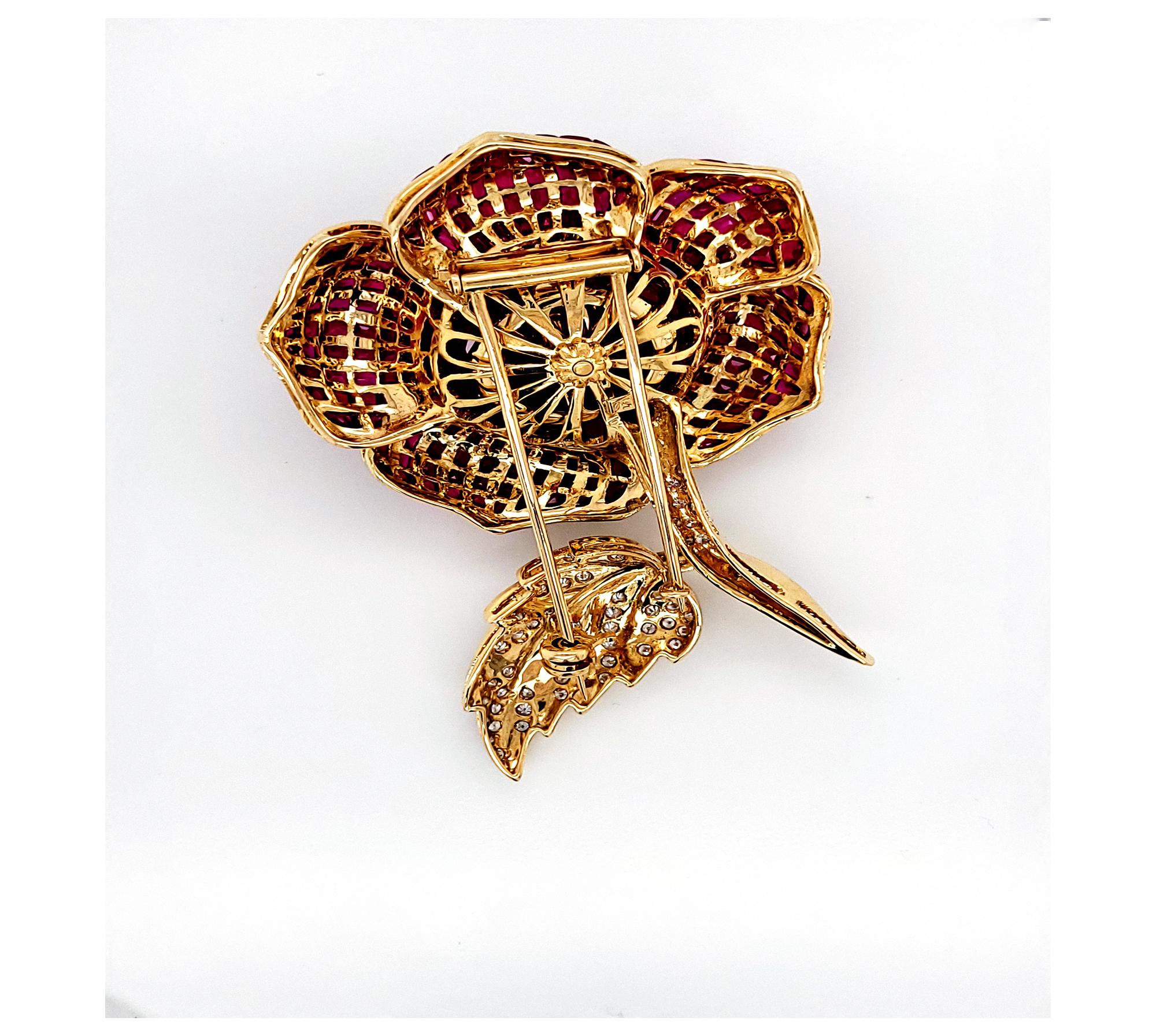 Square Cut Certified Burmese Ruby Diamond Vintage Flower Brooch