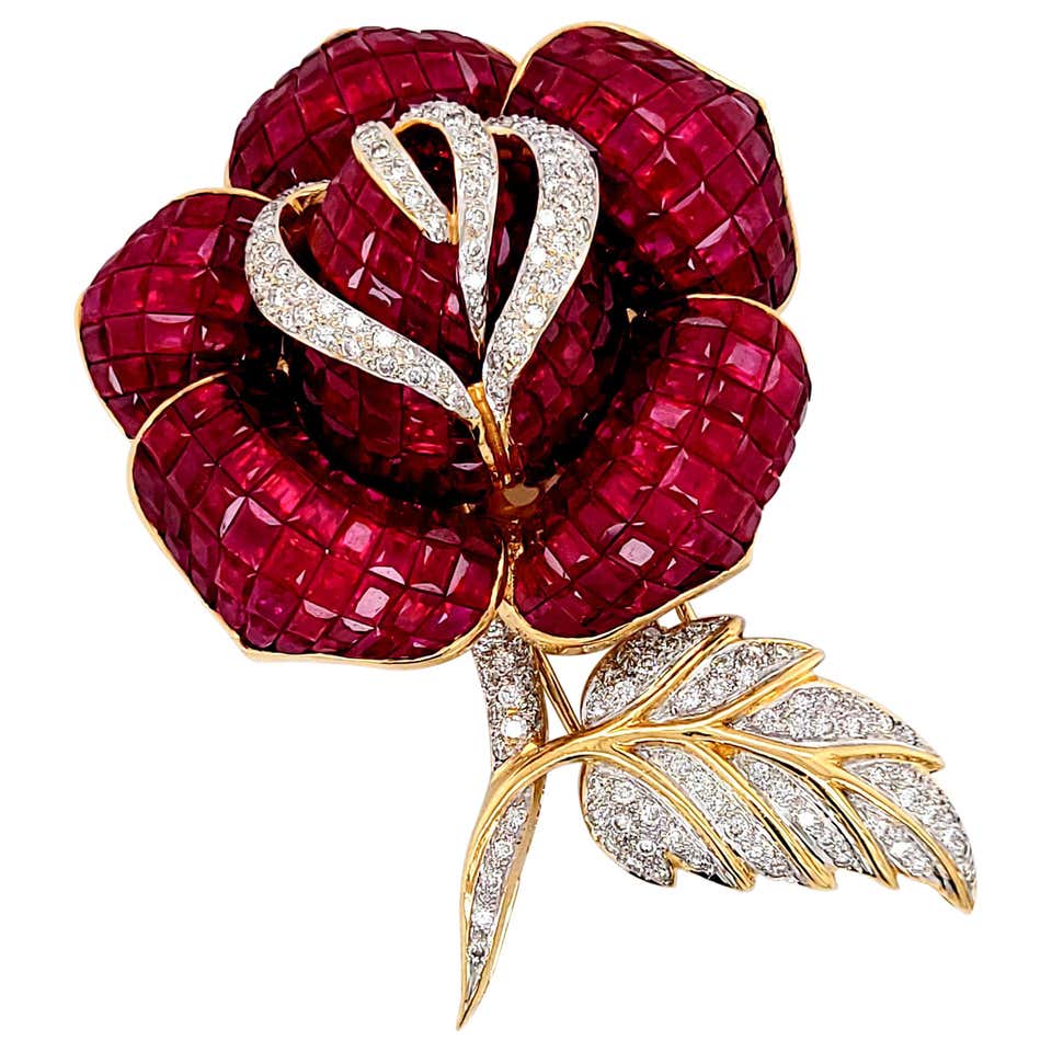 Certified Burmese Ruby Diamond Vintage Flower Brooch at 1stDibs