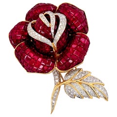 Certified Burmese Ruby Diamond Vintage Flower Brooch