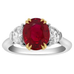 Certified Burmese Ruby Pigeon Blood Three Stone Diamond Engagement Ring 