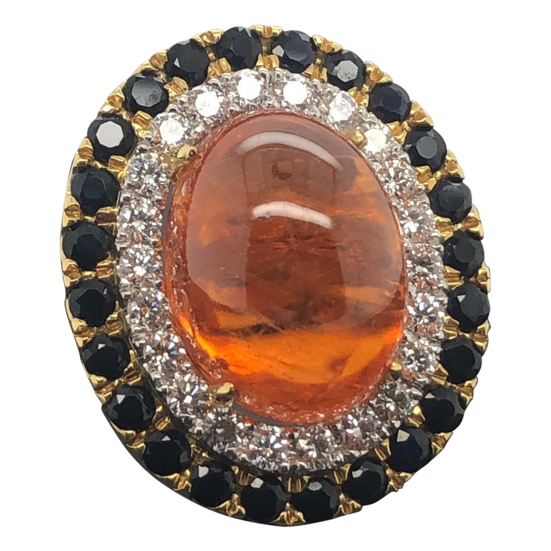 Certified Cabochon 27.66 Carat Garnet Diamond Black Sapphire Cocktail Ring For Sale