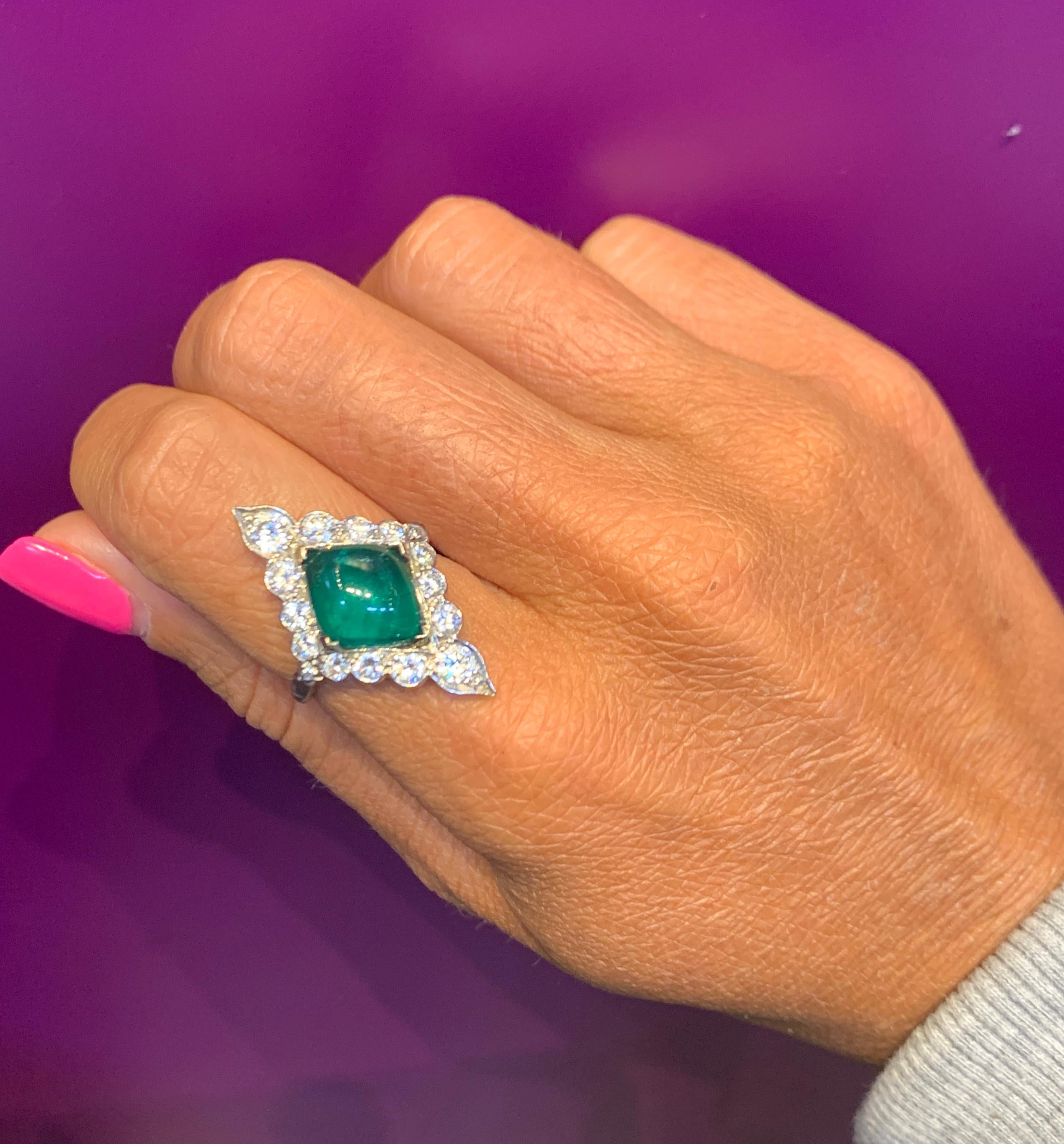 Certified Cabochon Colombian Emerald & Diamond Ring For Sale 6