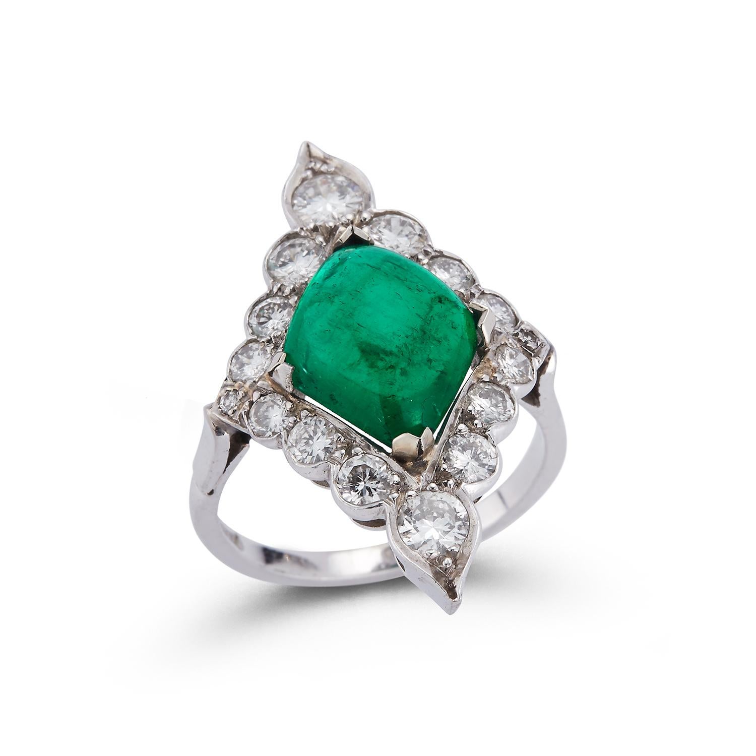 Certified Cabochon Emerald & Diamond Cocktail Navette Ring
Approximate Emerald Weight: 3.64 Cts certified by AGL laboratory as Colombian Origin
Approximate Diamond Weight: 1.40 Cts 
Ring Size: 4.75
Resizable to any size free of charge 
Gold Type: