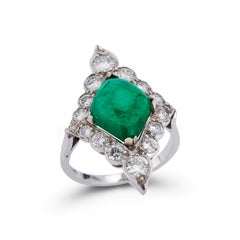 Certified Cabochon Colombian Emerald & Diamond Ring