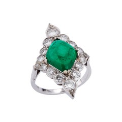 Vintage Certified Cabochon Colombian Emerald & Diamond Ring