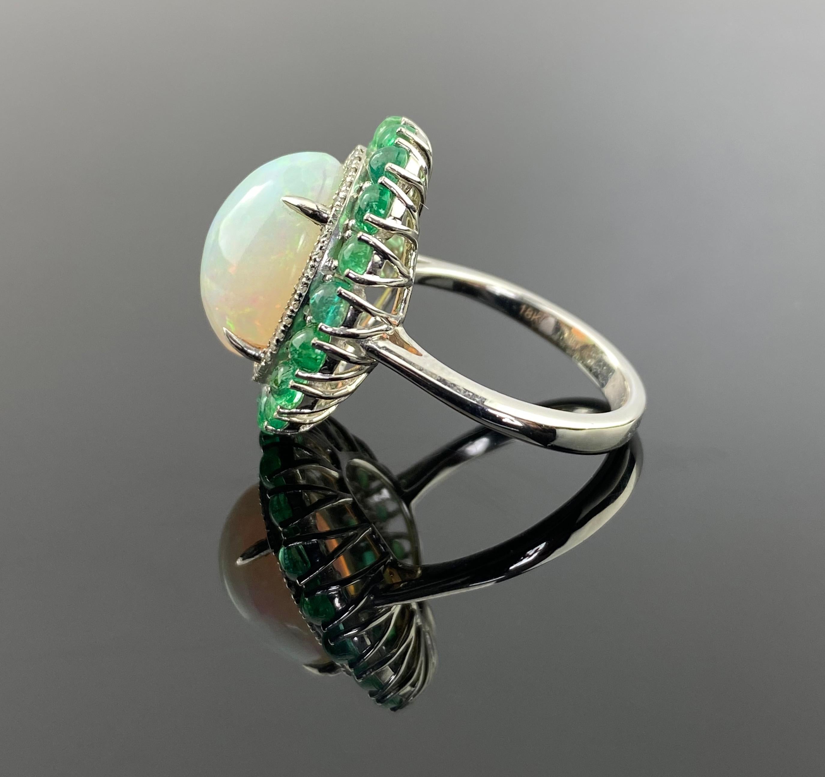 Modern Certified Cabochon Opal and Colombian Emerald Cocktail Dome Ring For Sale