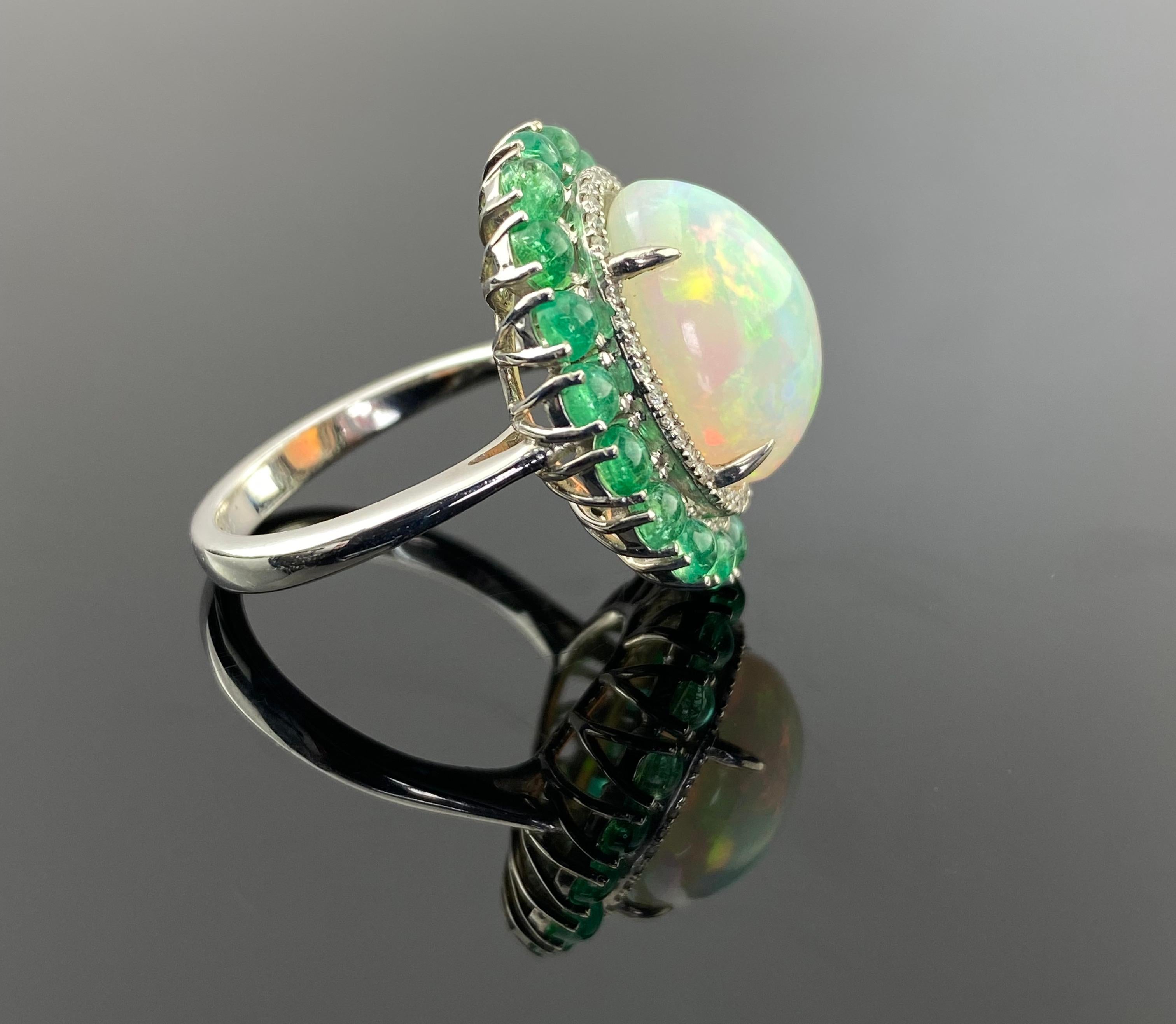 Certified Cabochon Opal and Colombian Emerald Cocktail Dome Ring In New Condition For Sale In Bangkok, Thailand