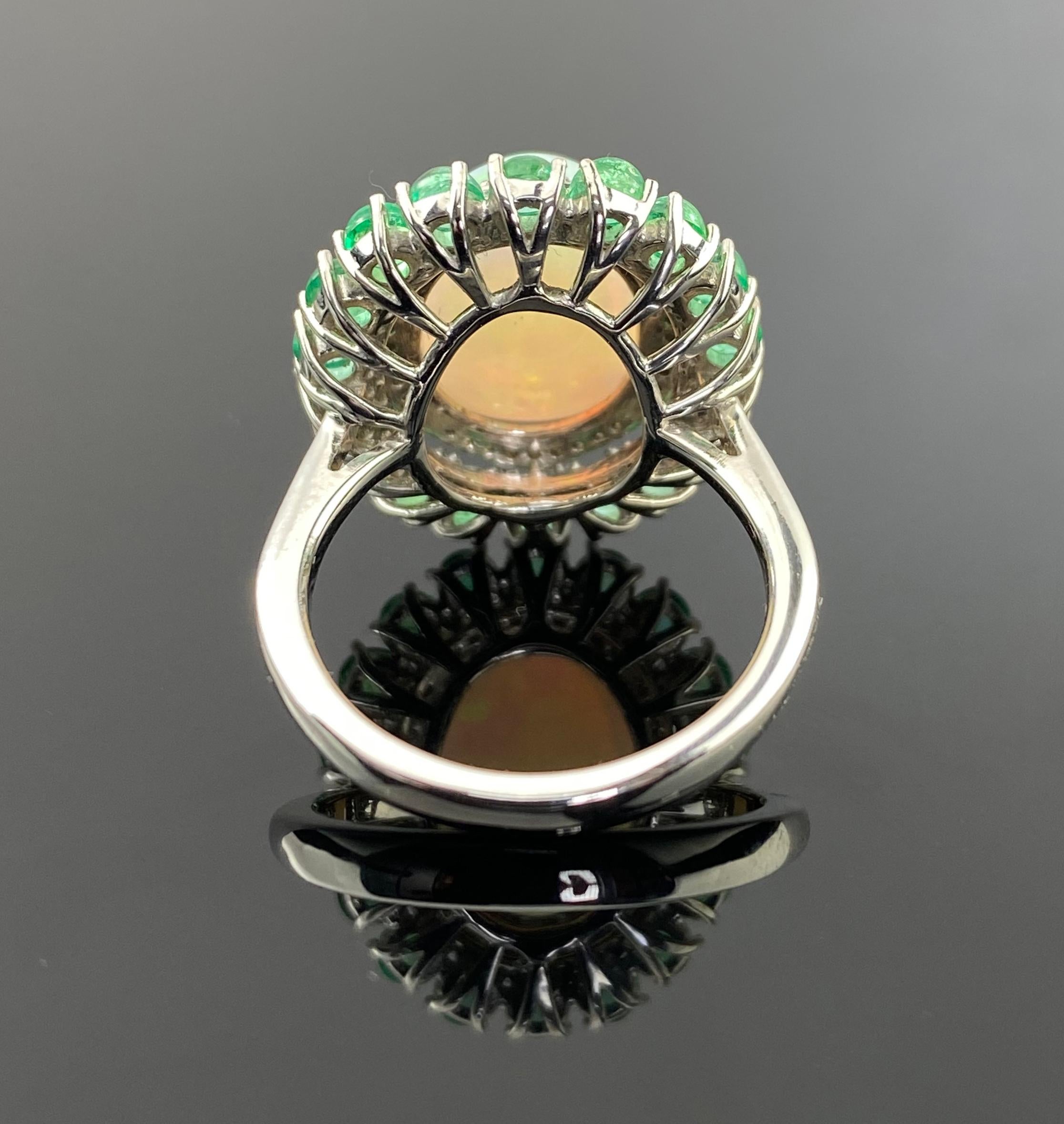 Women's or Men's Certified Cabochon Opal and Colombian Emerald Cocktail Dome Ring For Sale