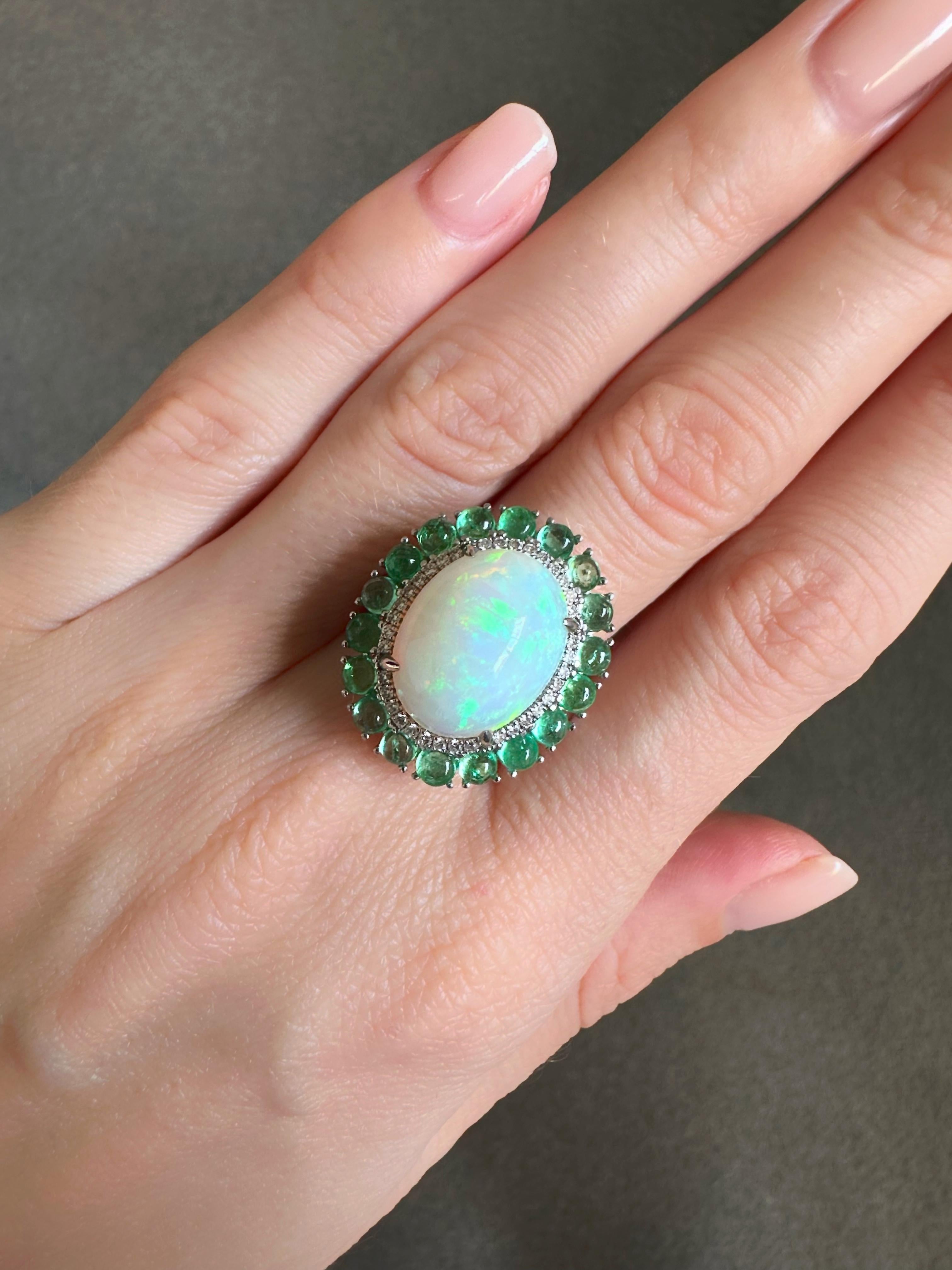 Certified Cabochon Opal and Colombian Emerald Cocktail Dome Ring For Sale 1