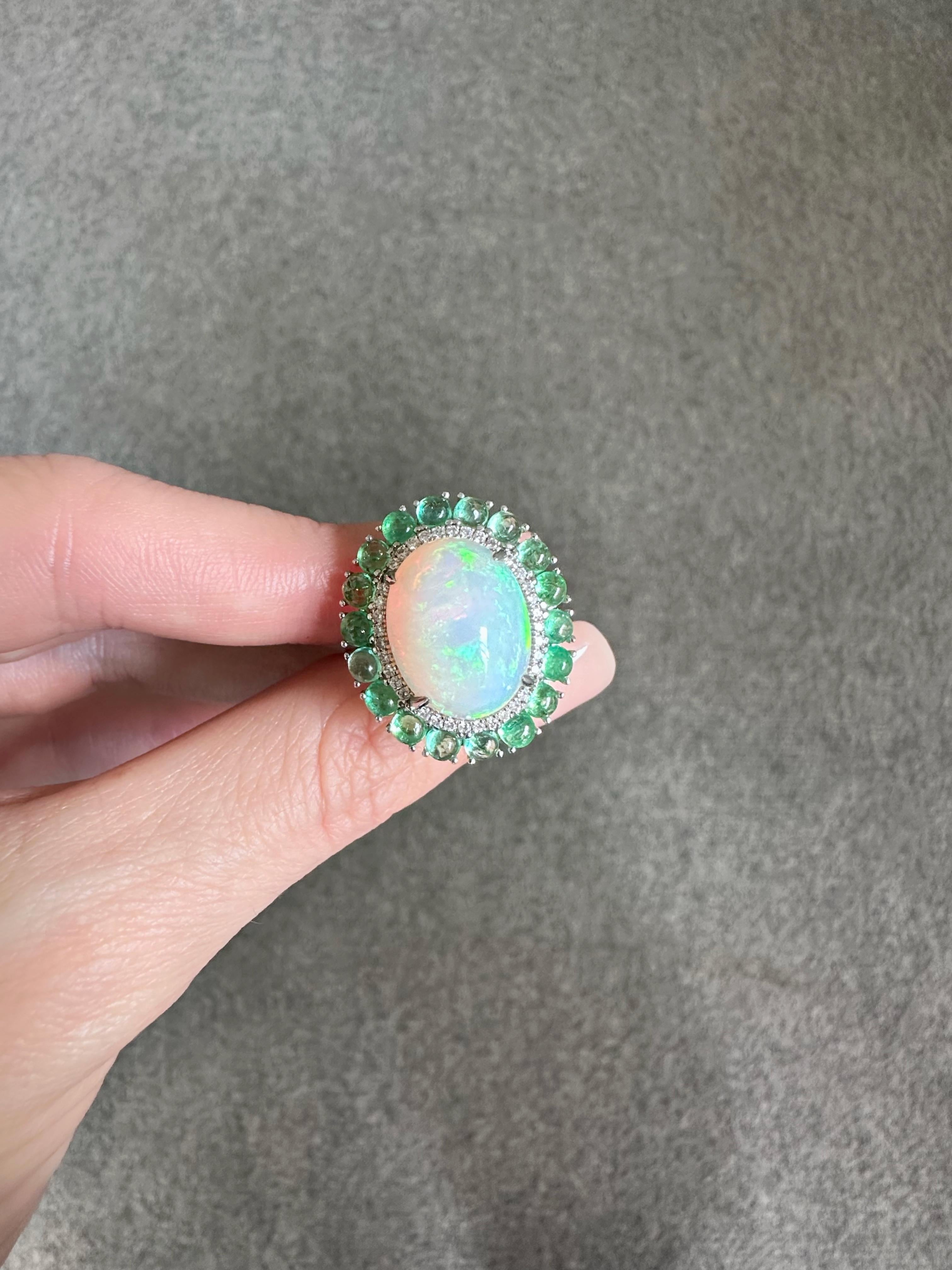Certified Cabochon Opal and Colombian Emerald Cocktail Dome Ring For Sale 2