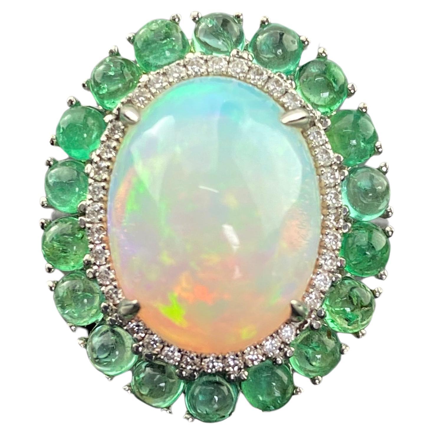 Certified Cabochon Opal and Colombian Emerald Cocktail Dome Ring For Sale