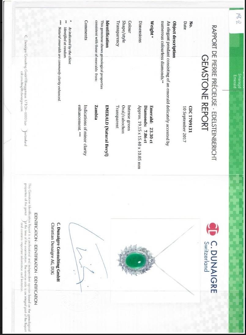 Certified Cabochon Zambian Emerald and Marquise Diamond Pendant In New Condition In Bangkok, Thailand