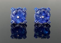 Certified Carved Tanzanite Earrings Set In 18K Blue Plated Gold