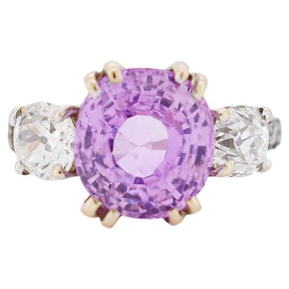 Certified Ceylon Pink saphir 5 carats and old cut Diamond Ring, 18k For Sale