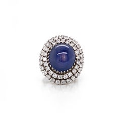 Certified Ceylon Sapphire 30 Carat Cabochon Diamond Platinum Cocktail Ring