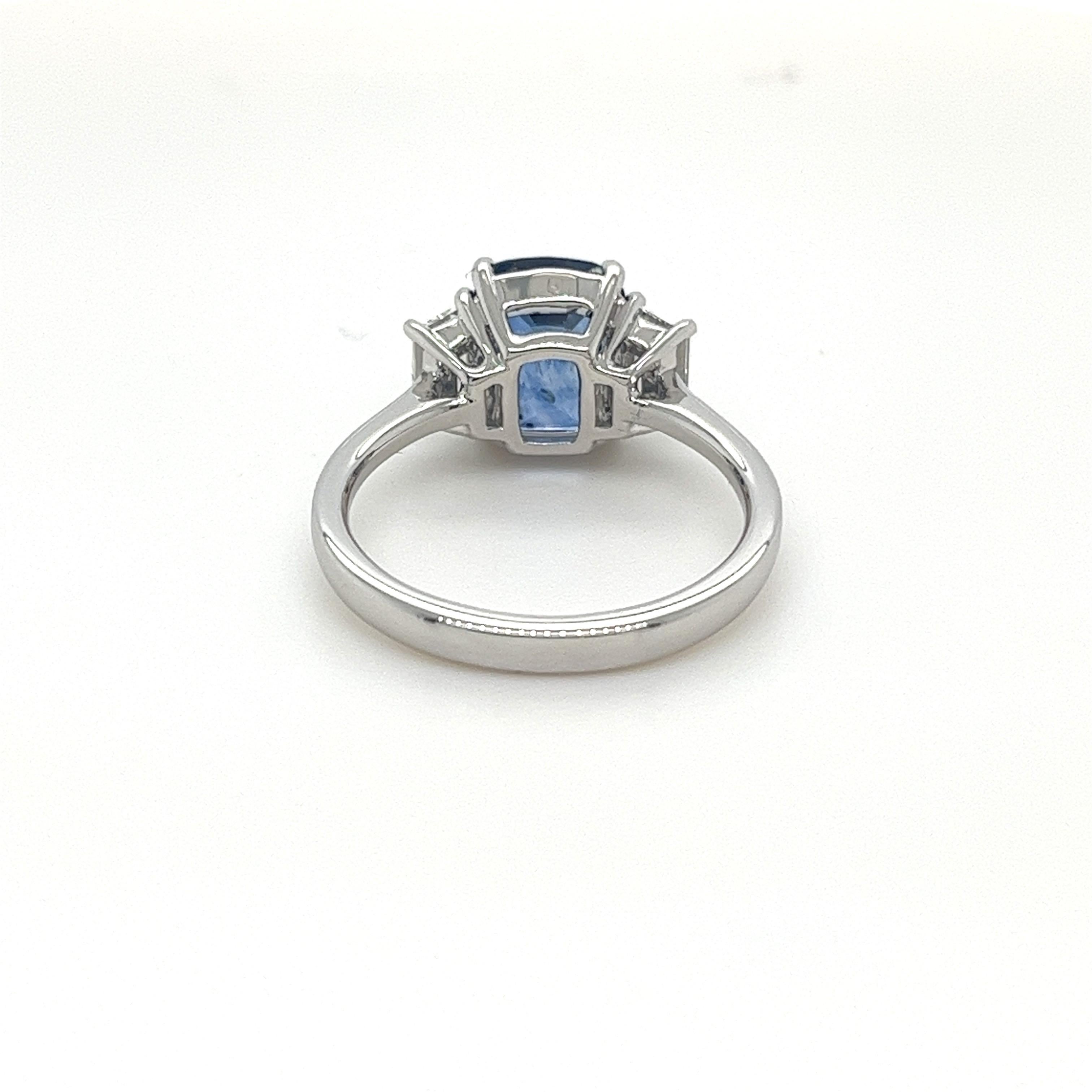 Cushion Cut Certified Ceylon Sapphire & Diamond Ring in 18 Karat White Gold For Sale