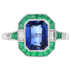 Emerald Cut Ceylon Sapphire with Emerald Halo and Diamond Art Deco Style Ring