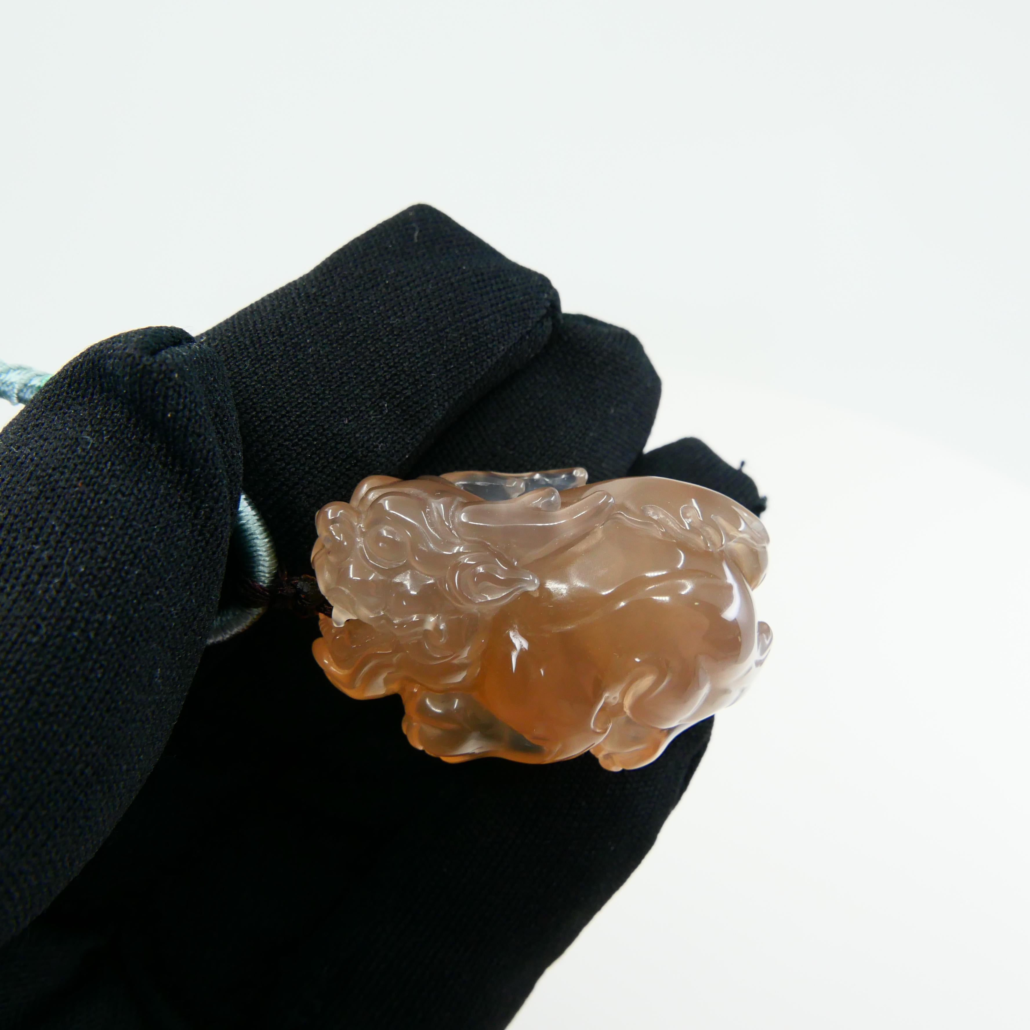 Rough Cut Certified Chalcedony Mythical Beast Pendant Necklace, Exceptional Workmanship For Sale