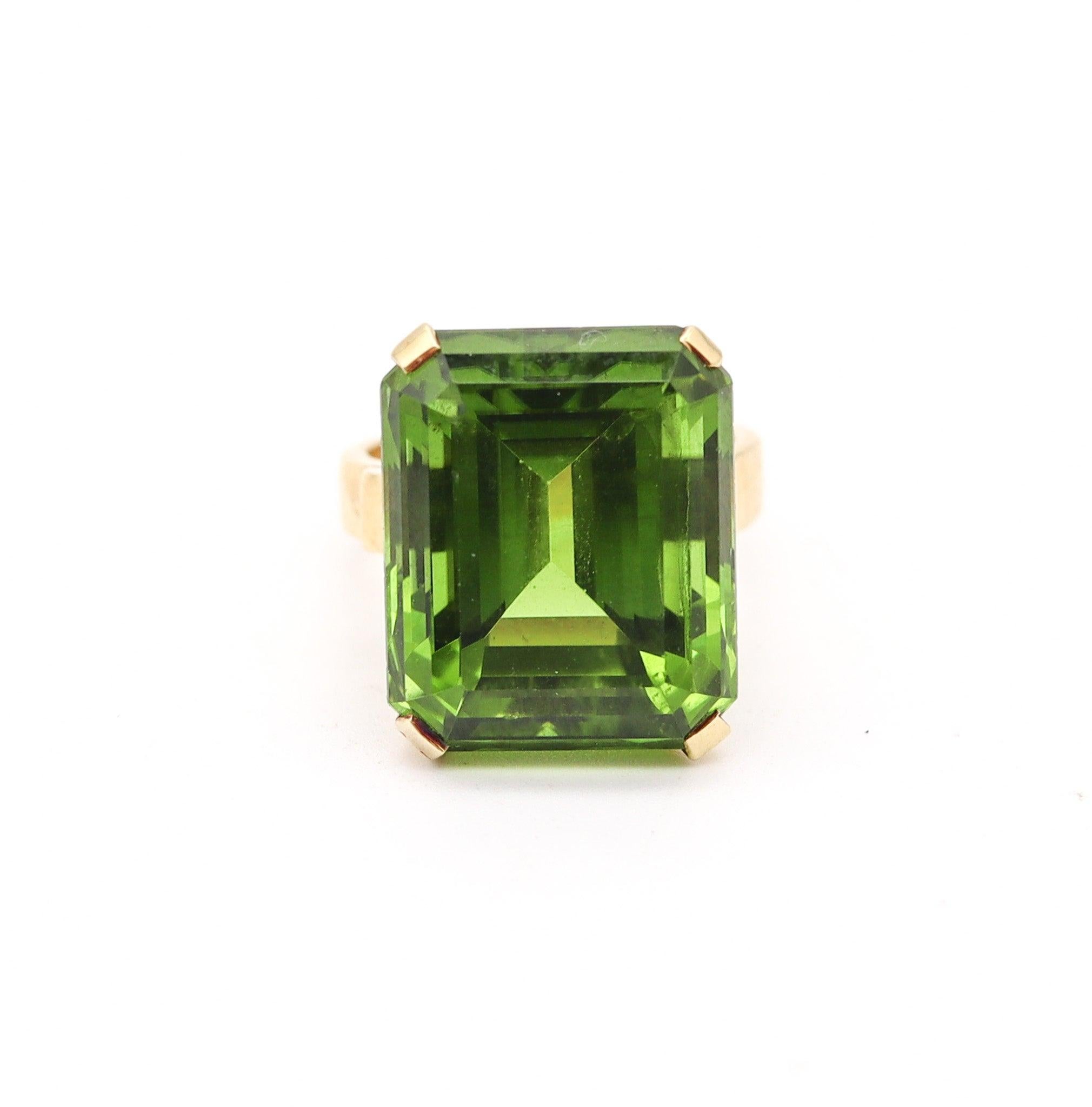 Modernist CERTIFIED Cocktail Ring In 18Kt Yellow Gold With Rare 31.56 Cts Green Peridot For Sale