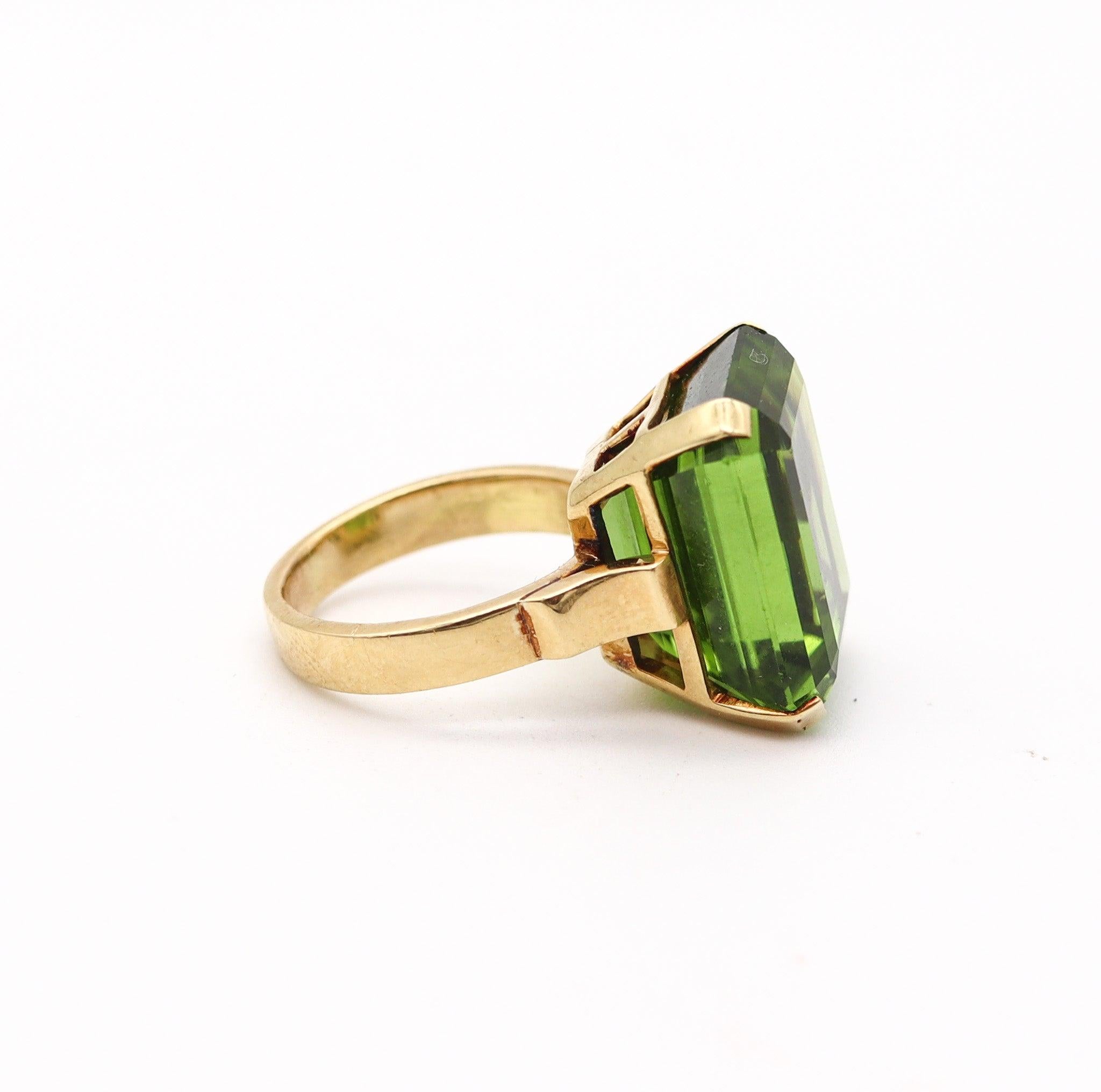 Emerald Cut CERTIFIED Cocktail Ring In 18Kt Yellow Gold With Rare 31.56 Cts Green Peridot For Sale