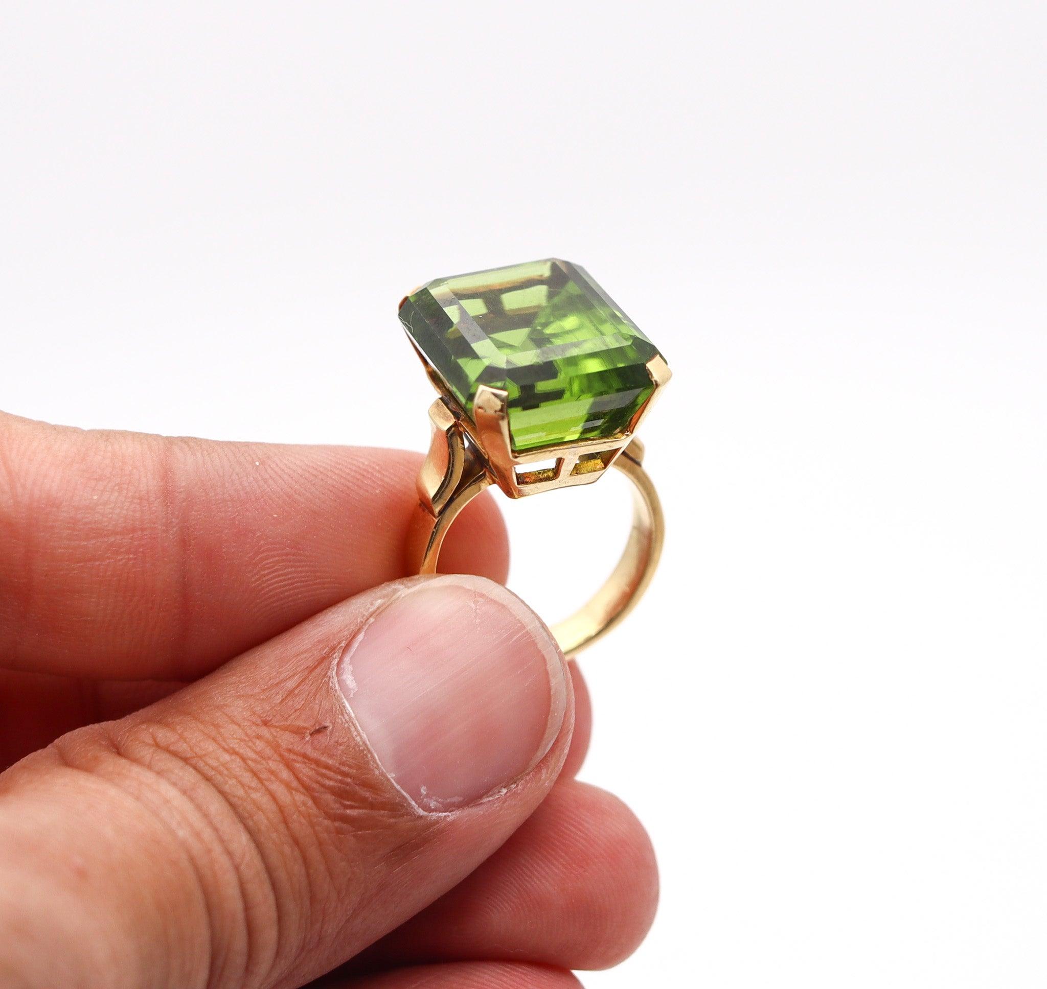 CERTIFIED Cocktail Ring In 18Kt Yellow Gold With Rare 31.56 Cts Green Peridot For Sale 1