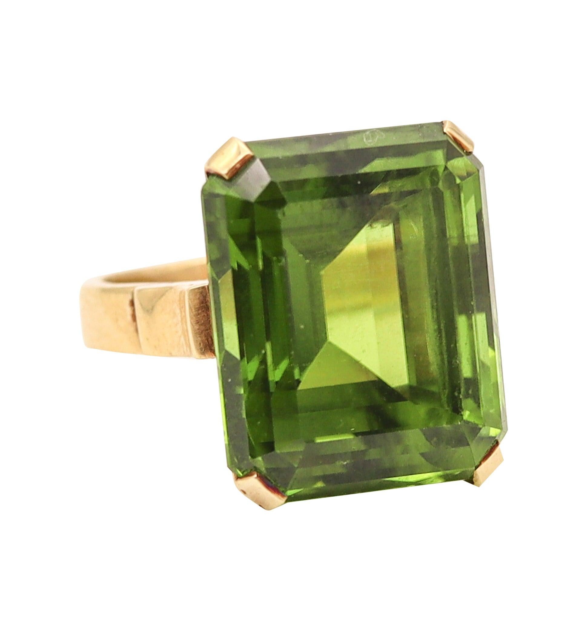 CERTIFIED Cocktail Ring In 18Kt Yellow Gold With Rare 31.56 Cts Green Peridot For Sale