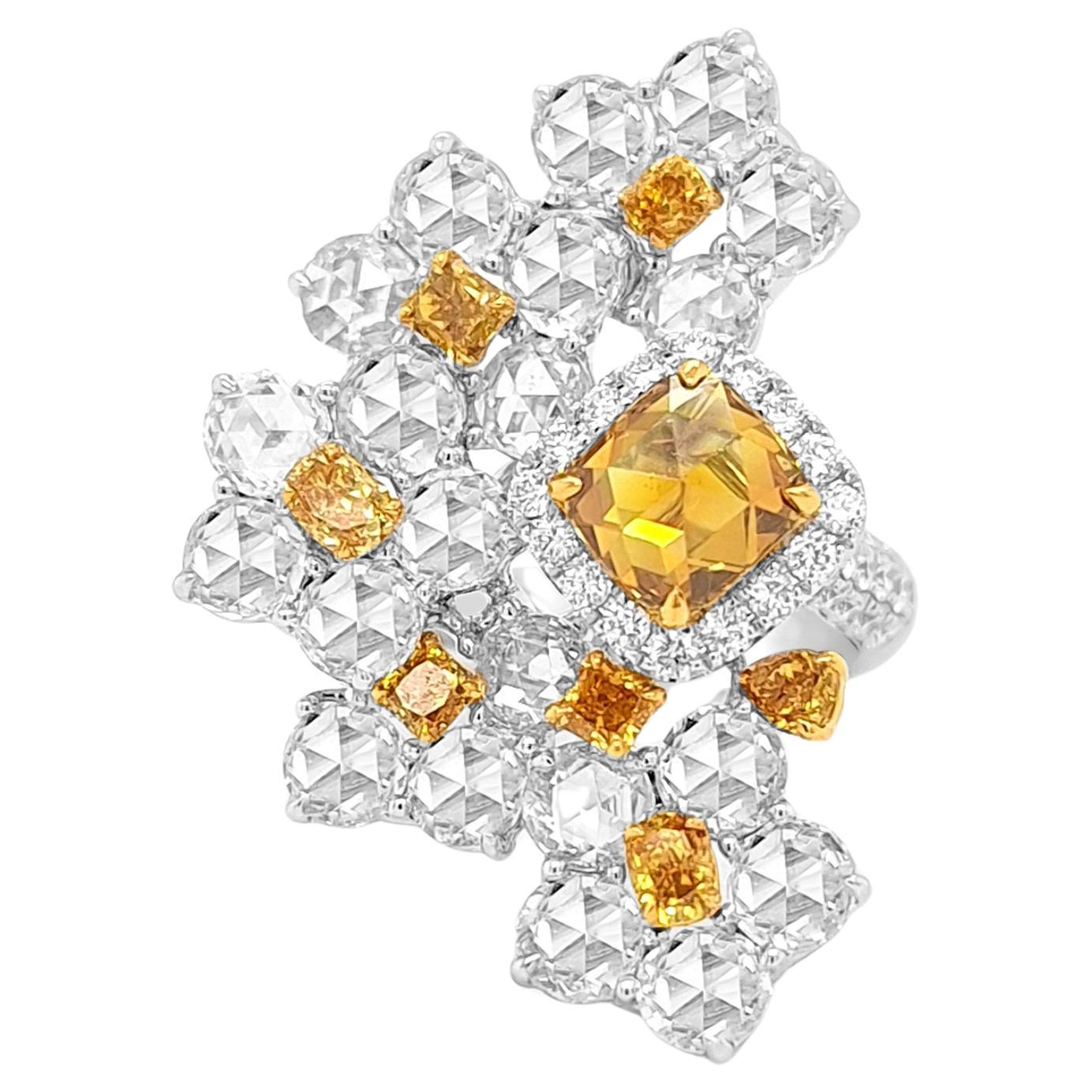 Certified Cocktail Ring with Natural Fancy Color and Rose Cut Diamonds 18K Gold