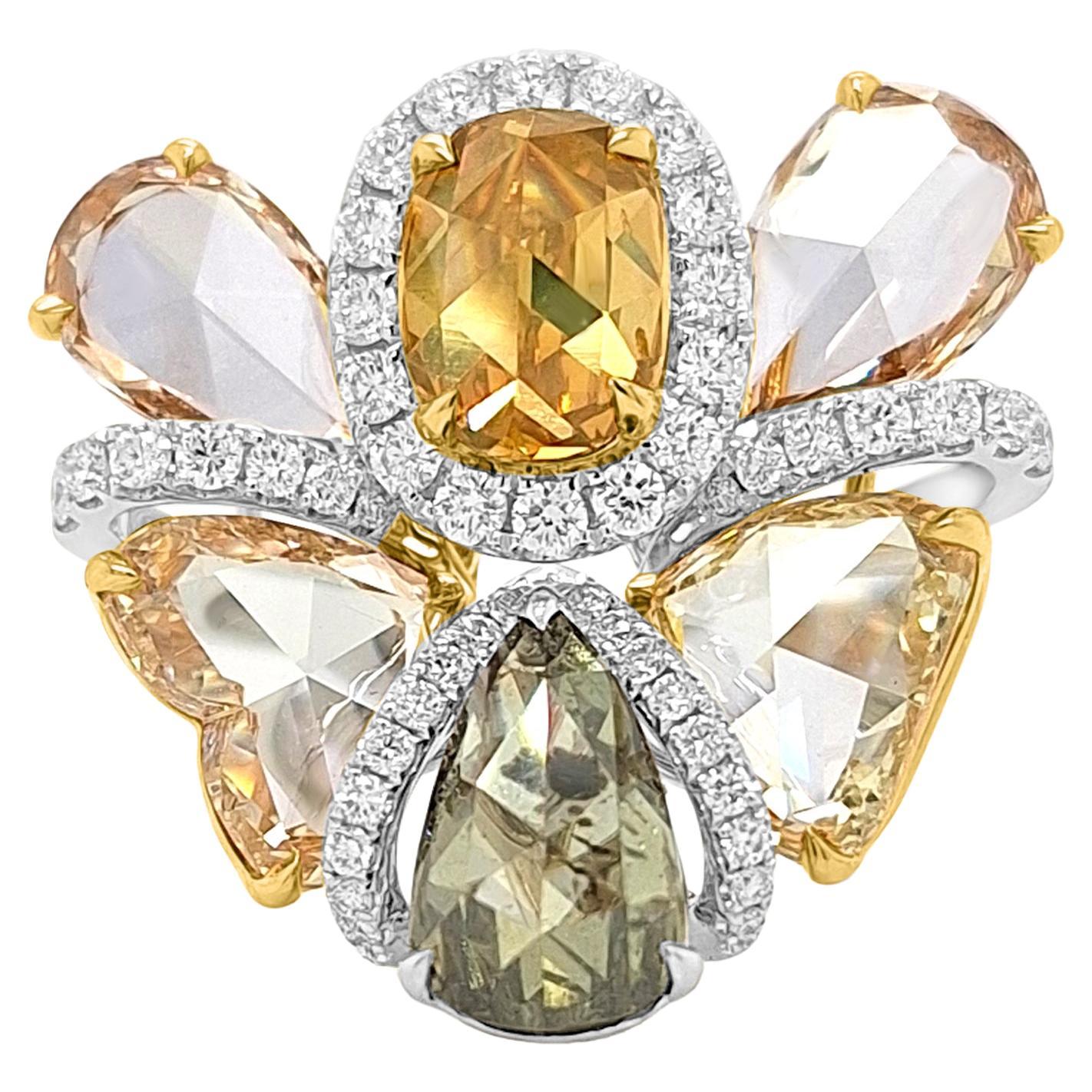 Anello da cocktail certificato con diamanti Nature Fancy Color e Rose Cut in oro 18 carati