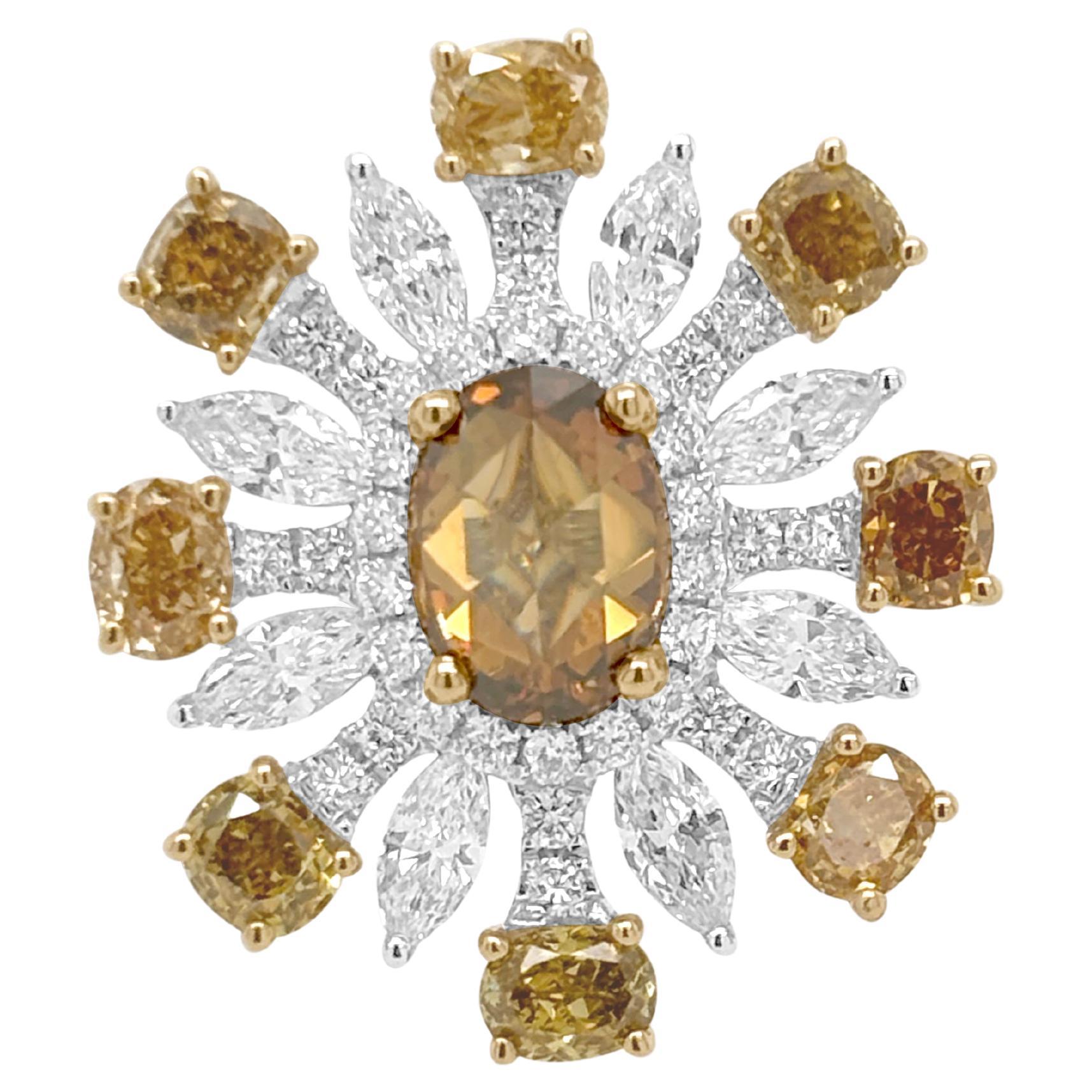 Bague de cocktail certifiée avec diamants de couleur naturelle Rosecut Or 18K