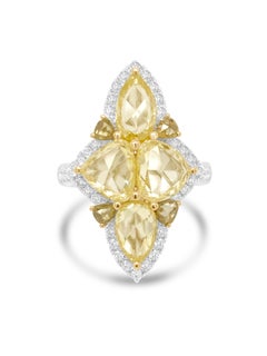 Certified Cocktail Ring with Natural Fancy Yellow Rose-Cut Diamonds 18K Gold