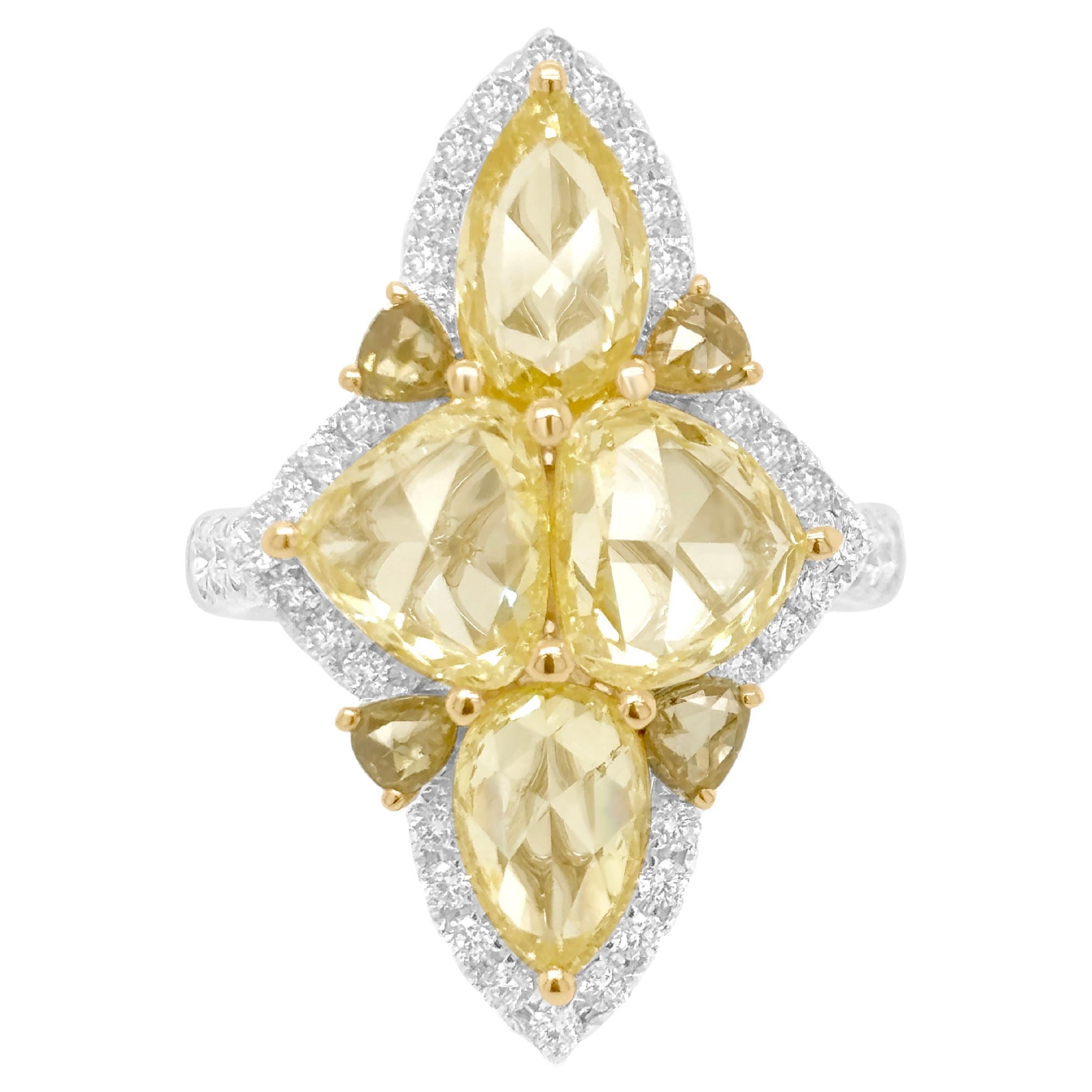 Anello cocktail certificato con diamanti naturali taglio rosa giallo fancy in oro 18 carati