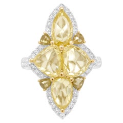 Certified Cocktail Ring with Natural Fancy Yellow Rose-Cut Diamonds 18K Gold
