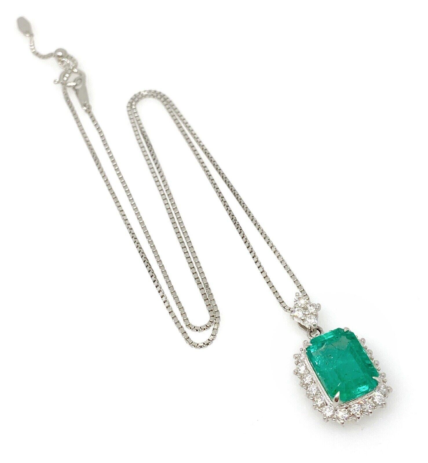 Emerald Cut Certified Colombian 6.07 Carat Emerald and Diamond Pendant in Platinum For Sale