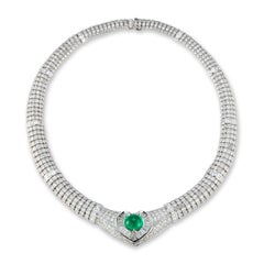 Certified Colombian Cabochon Emerald and Diamond Heart Shape Necklace