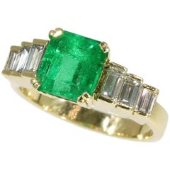 Vintage Certified Colombian Emerald 2.34 Carat and Diamond 18 Karat Gold French Ring