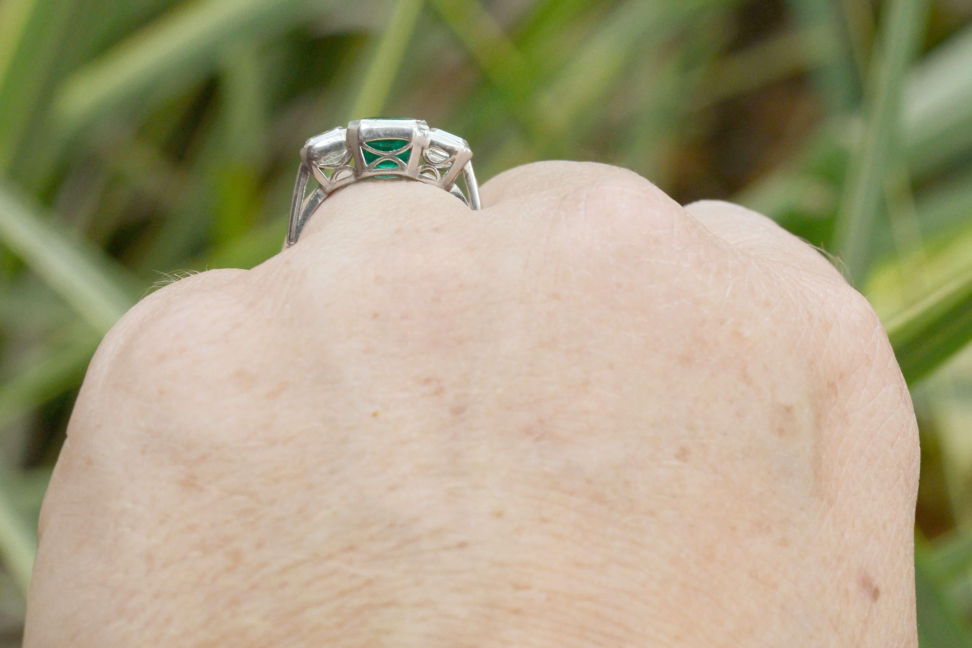 Emerald Cut Certified Colombian Emerald 3-Stone Art Deco Ring Square Diamonds 4 Carat