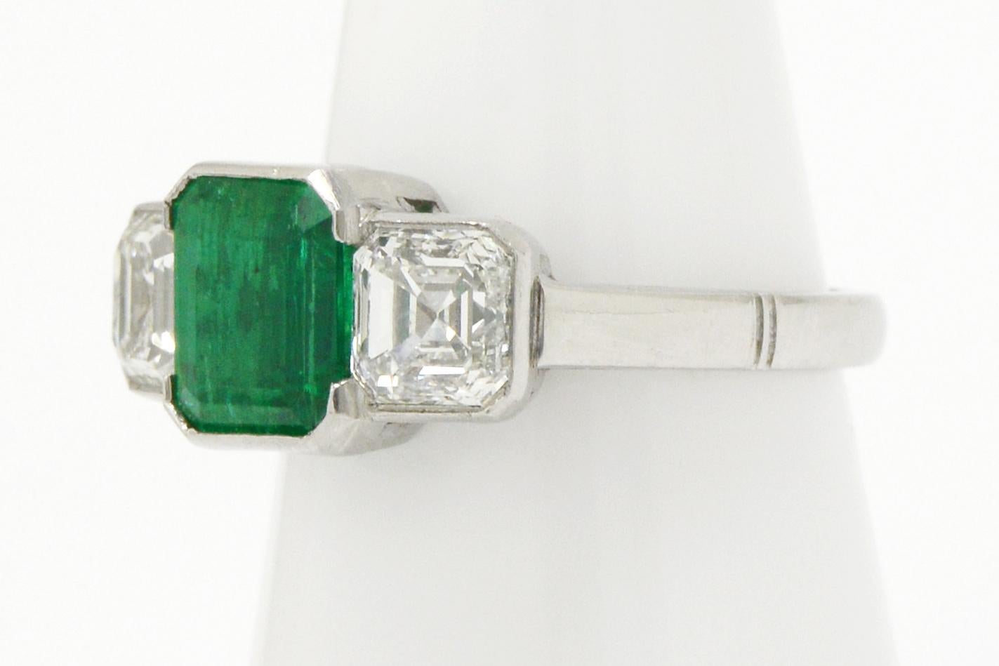 Women's Certified Colombian Emerald 3-Stone Art Deco Ring Square Diamonds 4 Carat
