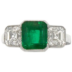 Certified Colombian Emerald 3-Stone Art Deco Ring Square Diamonds 4 Carat