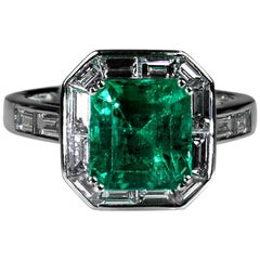 Certified Colombian Emerald 3.11 Carat and Diamond Ring Art Deco Style Platinum