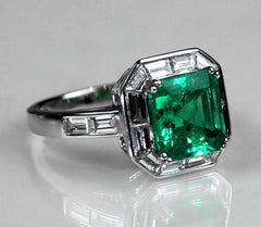 Certified Colombian Emerald 3.11 Carat and Diamond Ring Art Deco Style Platinum