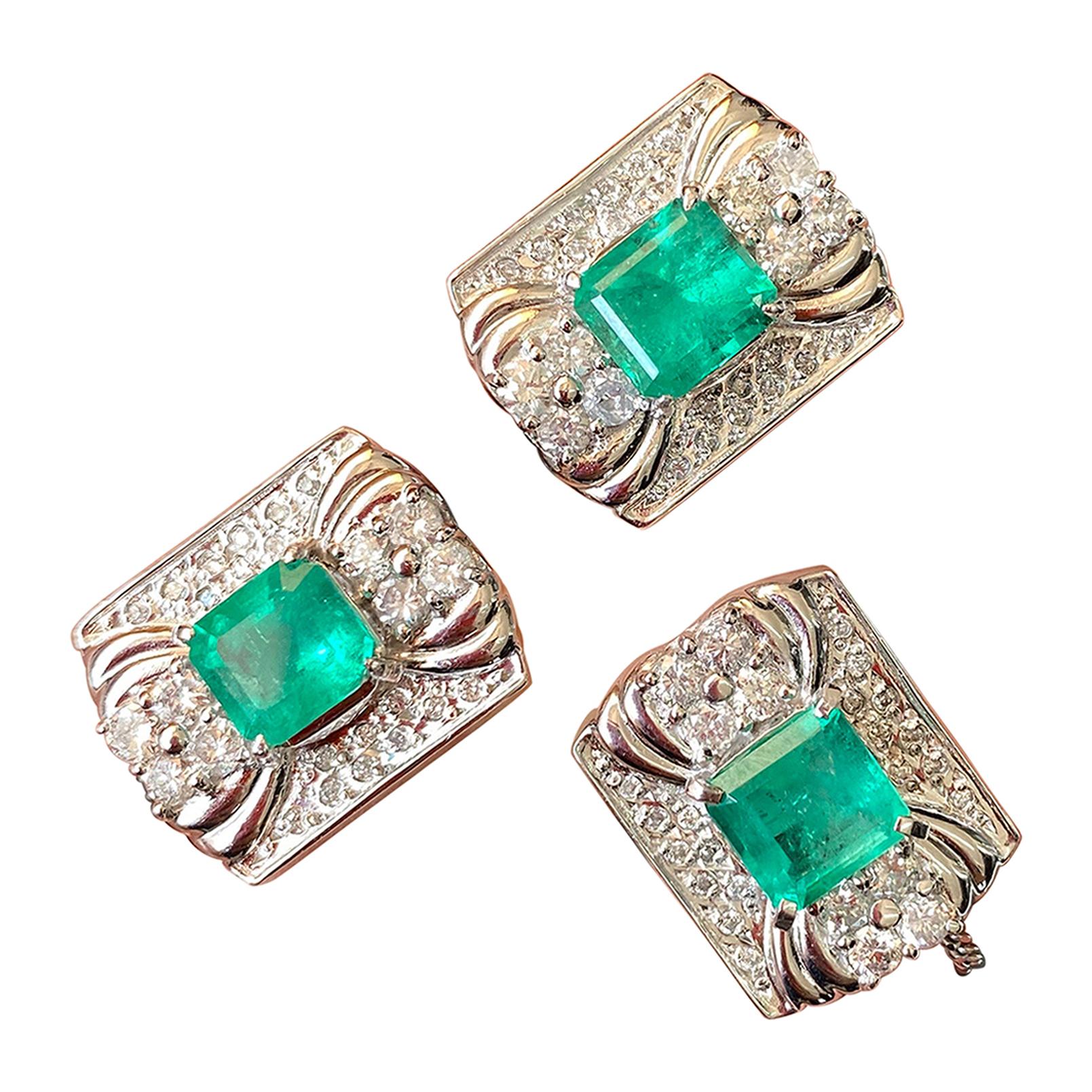 Certified Colombian Emerald and Diamond Cufflinks and Tie Tack in Platinum