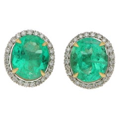 Certified Colombian Emerald and Diamond Halo Stud Earrings in 18 Karat Gold