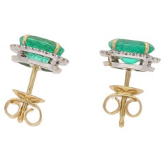 Certified Colombian Emerald and Diamond Halo Stud Earrings in 18 Karat Gold