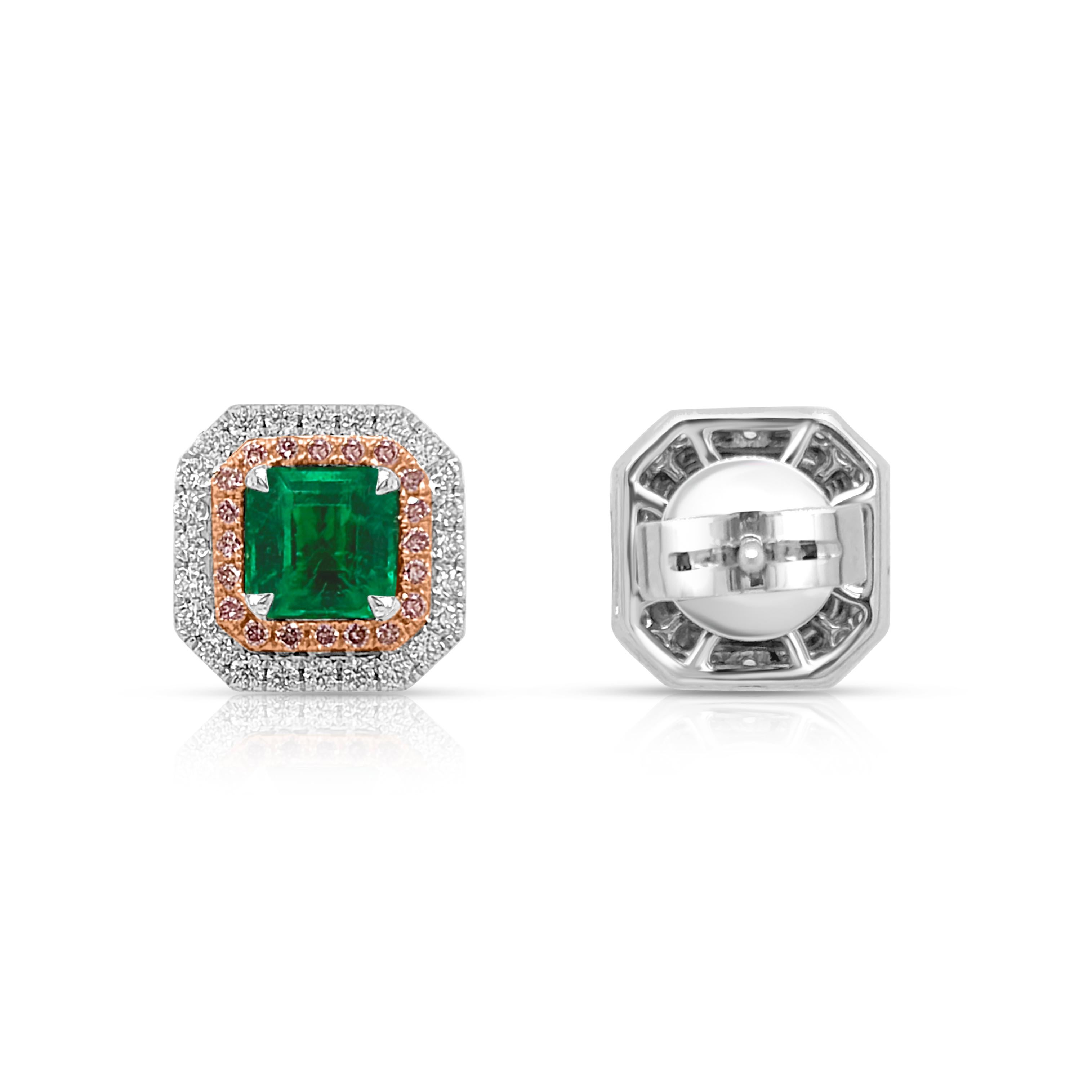 A celebration of nature’s finest colors, these exquisite earrings showcase the luminous green of certified Colombian emeralds, framed by the delicate blush of natural pink diamonds and the timeless sparkle of white diamonds. The contrasting hues