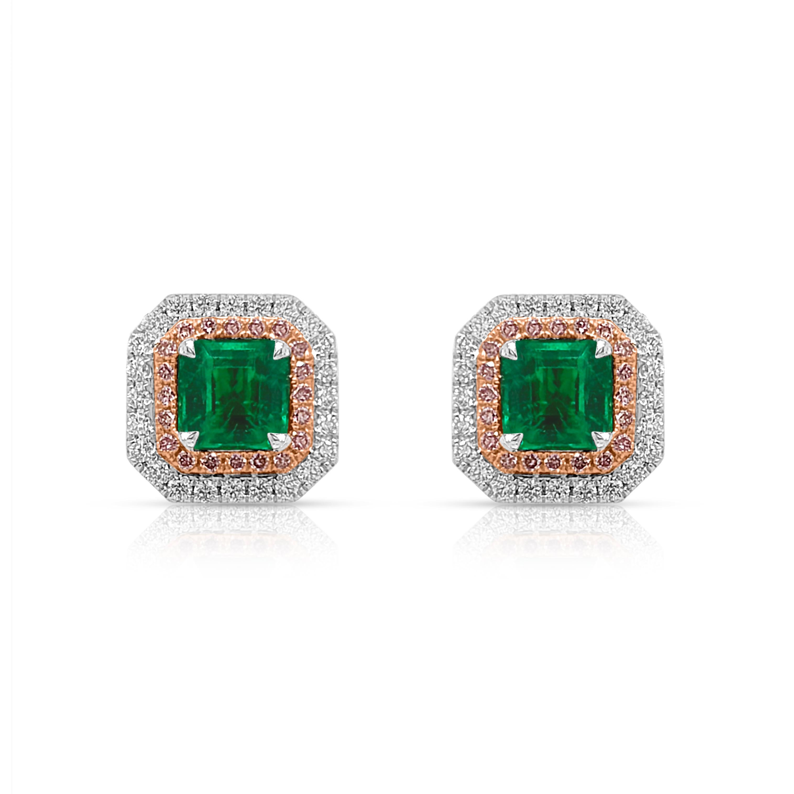 Emerald Cut Certified Colombian Emerald and Natural Pink Diamond 18K Gold Earrings For Sale