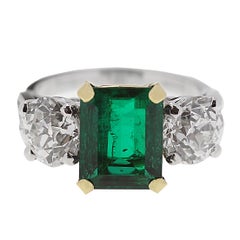 Certified Colombian Emerald and Old European Cut Diamond Three-Stone Ring