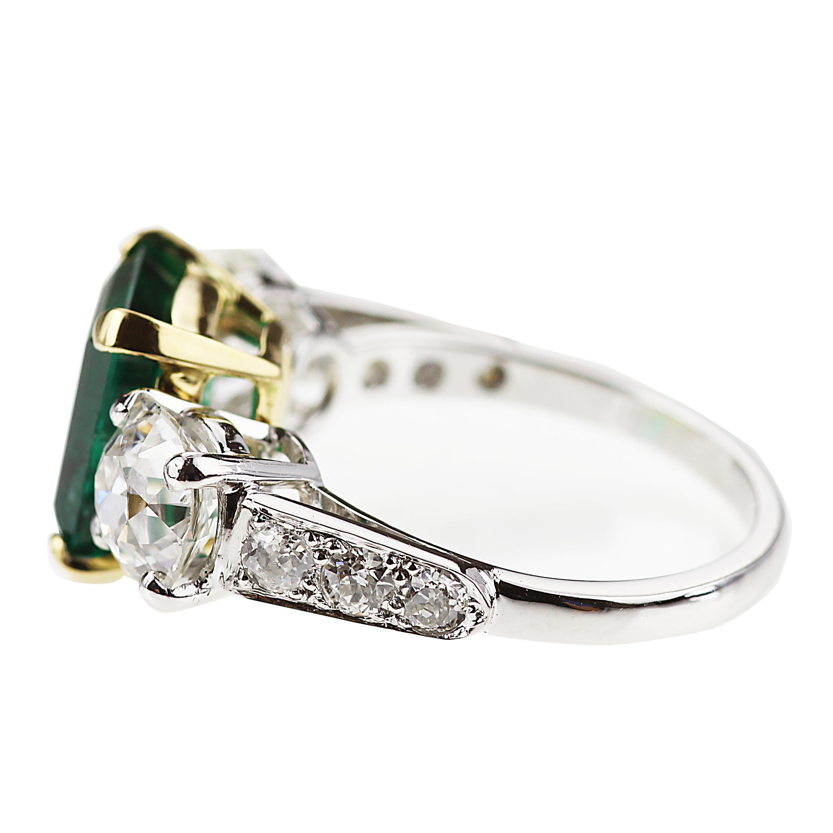 Art Nouveau Certified Colombian Emerald and Old European Cut Diamond Three-Stone Ring