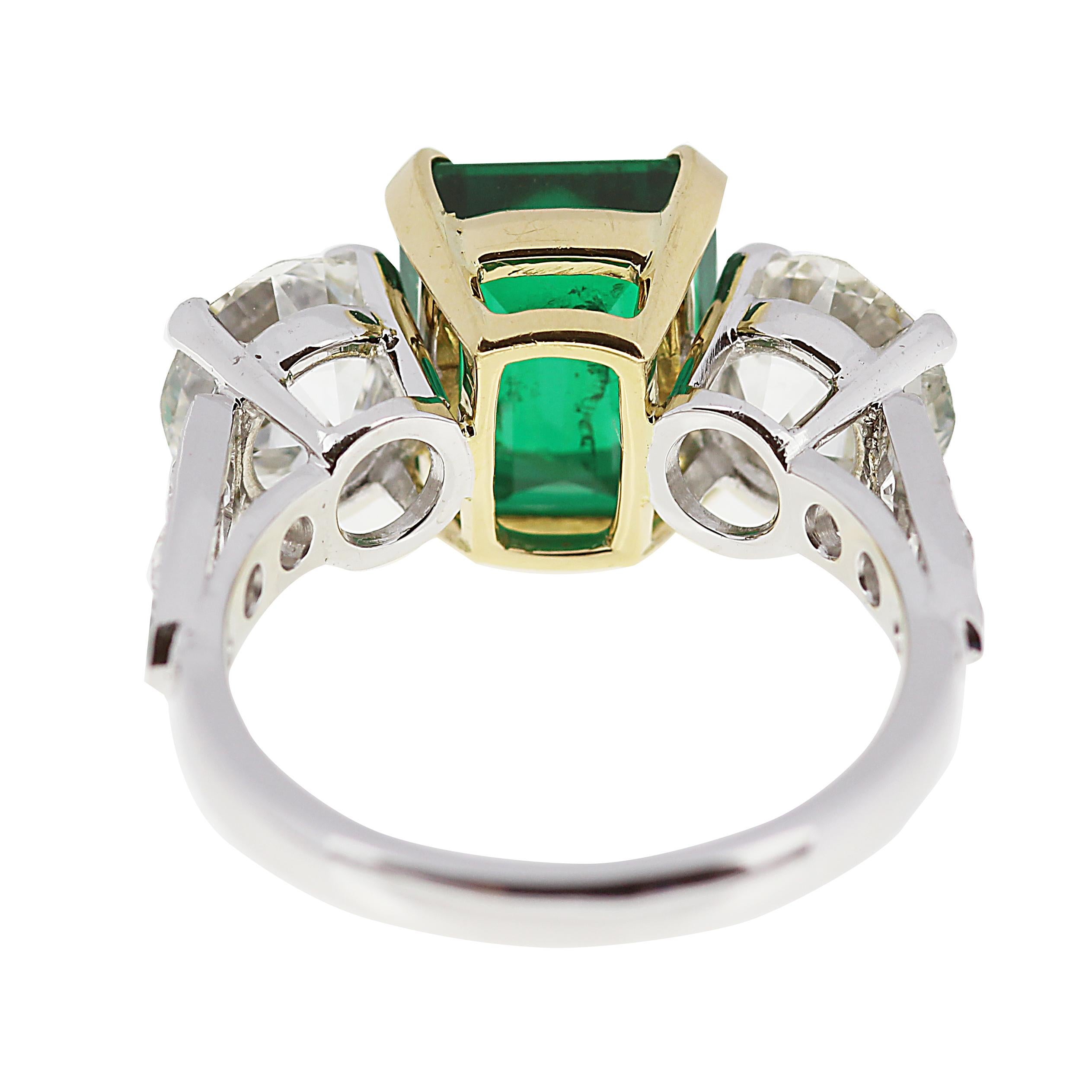 Emerald Cut Certified Colombian Emerald and Old European Cut Diamond Three-Stone Ring