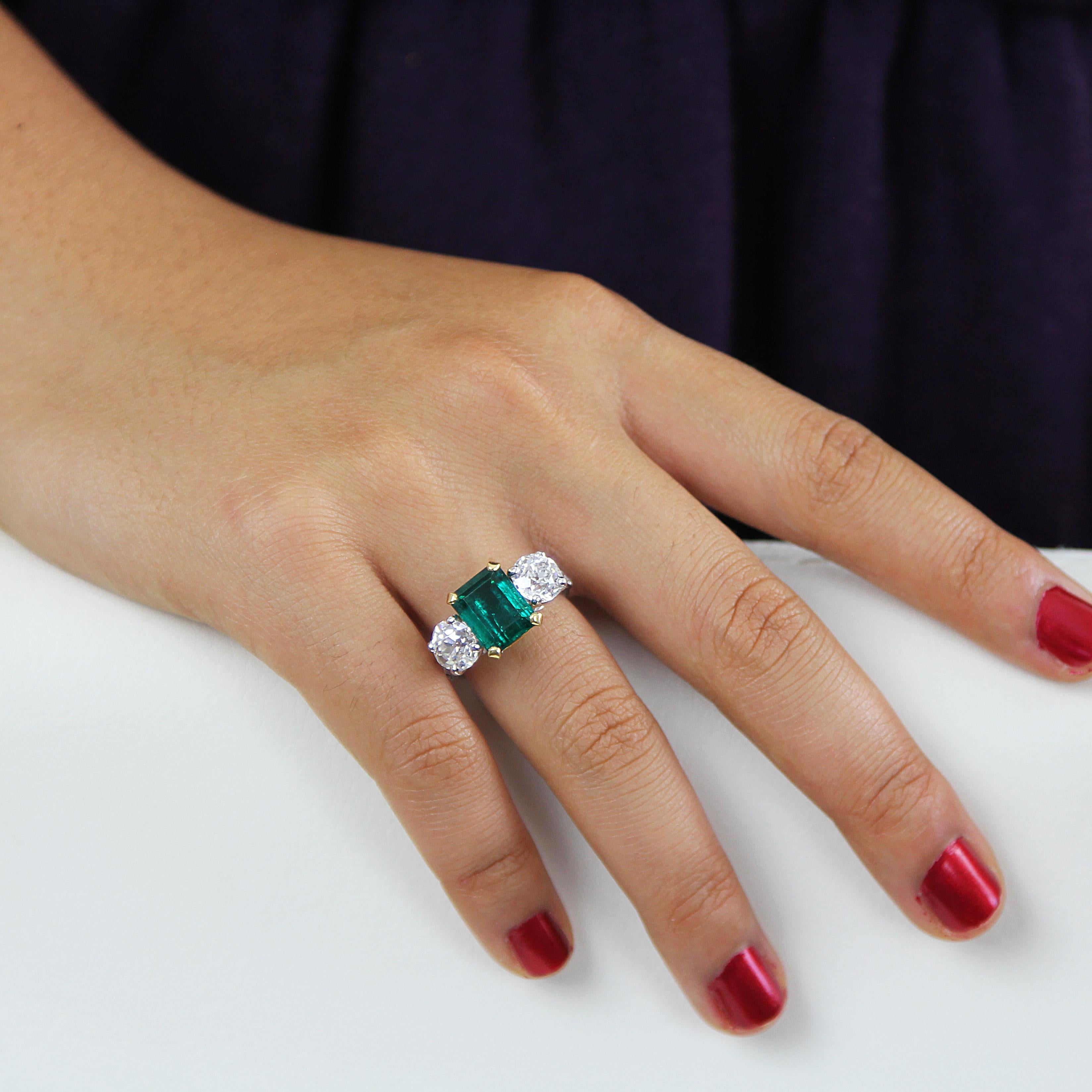 Certified Colombian Emerald and Old European Cut Diamond Three-Stone Ring 1